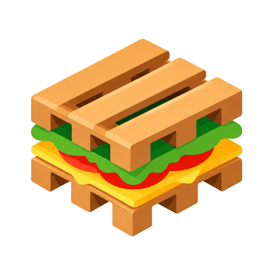 A wooden pallet stacked like a sandwich with lettuce, tomato and cheese